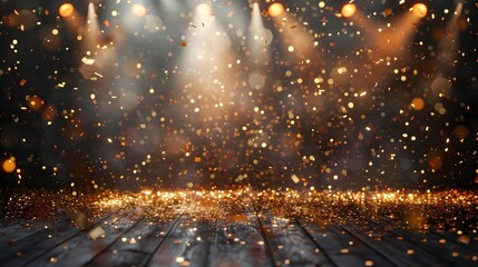 Naklejka premium A stage with spotlights and golden confetti falling, perfect for festive events or award gatherings.