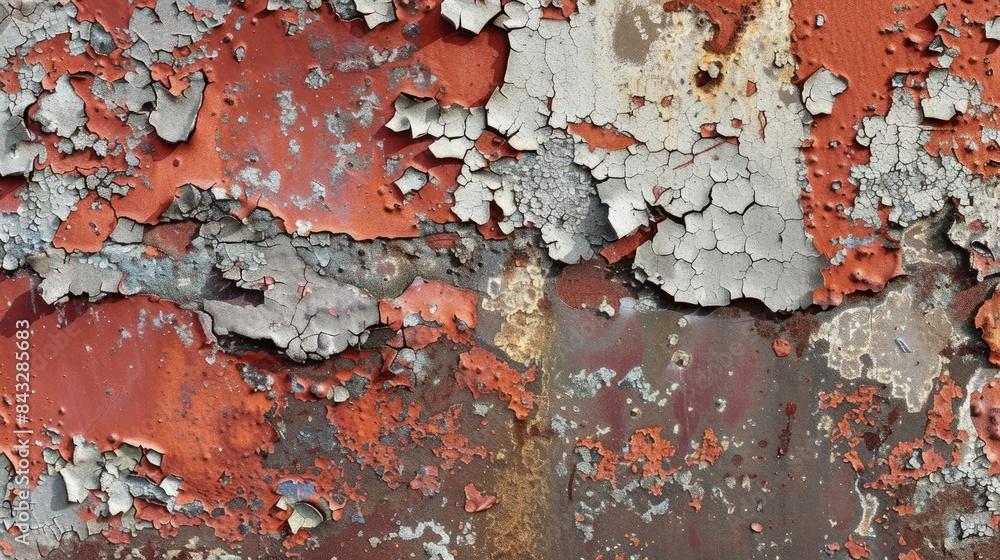 Poster metallic surface displaying chipped paint corrosion and scrapes creating a compelling abstract desig