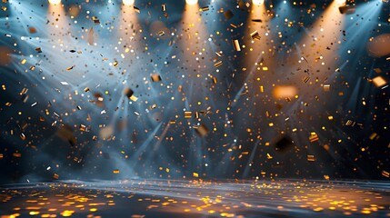 A stage with spotlights and golden confetti falling, perfect for festive events or award gatherings.