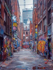 Fototapeta premium An old brick wall in a city covered with layers of graffiti and street art. 