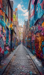 Fototapeta premium An old brick wall in a city covered with layers of graffiti and street art. 