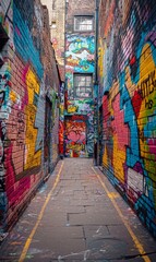 Fototapeta premium An old brick wall in a city covered with layers of graffiti and street art. 