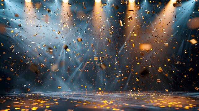 A stage with spotlights and golden confetti falling, perfect for festive events or award gatherings.