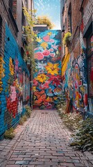 Naklejka premium An old brick wall in a city covered with layers of graffiti and street art. 