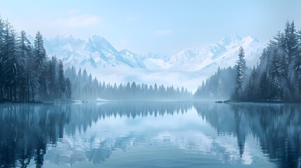 A tranquil lake scene with a still water surface reflecting the surrounding pine forest and snow-capped mountains in the distance.