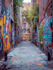 Fototapeta premium An old brick wall in a city covered with layers of graffiti and street art. 