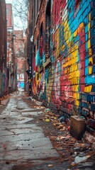 Fototapeta premium An old brick wall in a city covered with layers of graffiti and street art. 