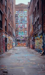 Fototapeta premium An old brick wall in a city covered with layers of graffiti and street art. 