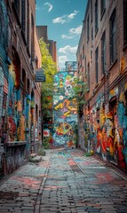Naklejka premium An old brick wall in a city covered with layers of graffiti and street art. 
