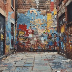 Obraz premium An old brick wall in a city covered with layers of graffiti and street art. 