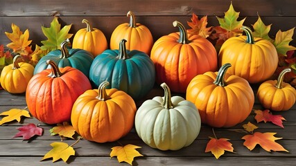 A colorful display of pumpkins, pumpkins and leaves sitting in a row on wooden background. Space for text.