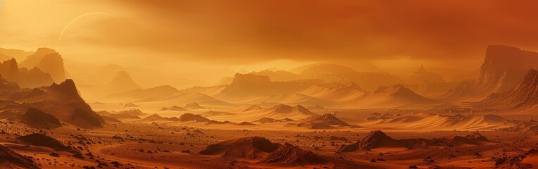 Naklejka premium Martian desert landscape, rocky terrain, thick fog, red-hued sky, distant mountains, hazy atmosphere