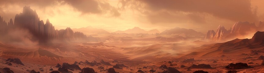Naklejka premium Martian desert landscape, rocky terrain, thick fog, red-hued sky, distant mountains, hazy atmosphere