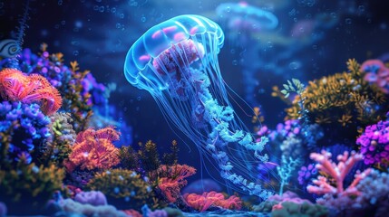 Obraz premium A jellyfish is swimming in a colorful coral reef