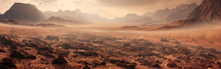 Naklejka premium Martian desert landscape, rocky terrain, thick fog, red-hued sky, distant mountains, hazy atmosphere