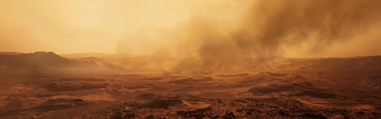 Mars exploration, foggy desert, rugged landscape, red dust clouds, eerie ambiance, otherworldly terrain