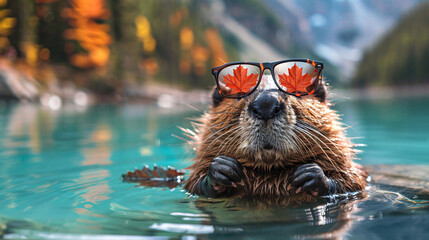 Joyful Canadian beaver with maple leaf glasses celebrating Canada Day at a mountain lake.