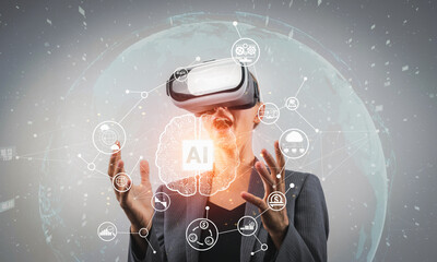 Businesswoman using AI generated while looking at holographic icon. Skilled project manager...