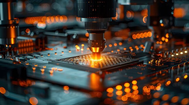 Handheld CNC machine tools for product asset production, factory background, closeup of high isolated modern product,  an orange light source create an atmosphere of industrial innovation.