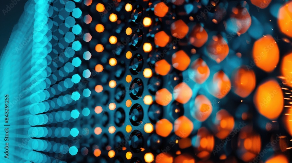 Poster the image shows a glowing blue and orange circuit board. the circuit board is made up of many small 