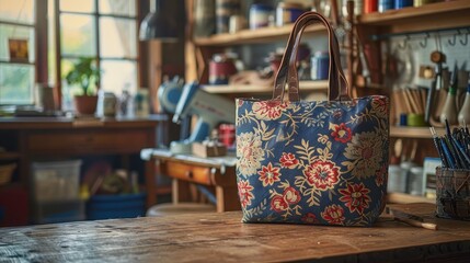 A floral bag is sitting on a wooden table in a cluttered workshop