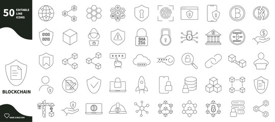 Blockchain technology icon. Set of security icons, blocks, bitcoin, data, digital,...