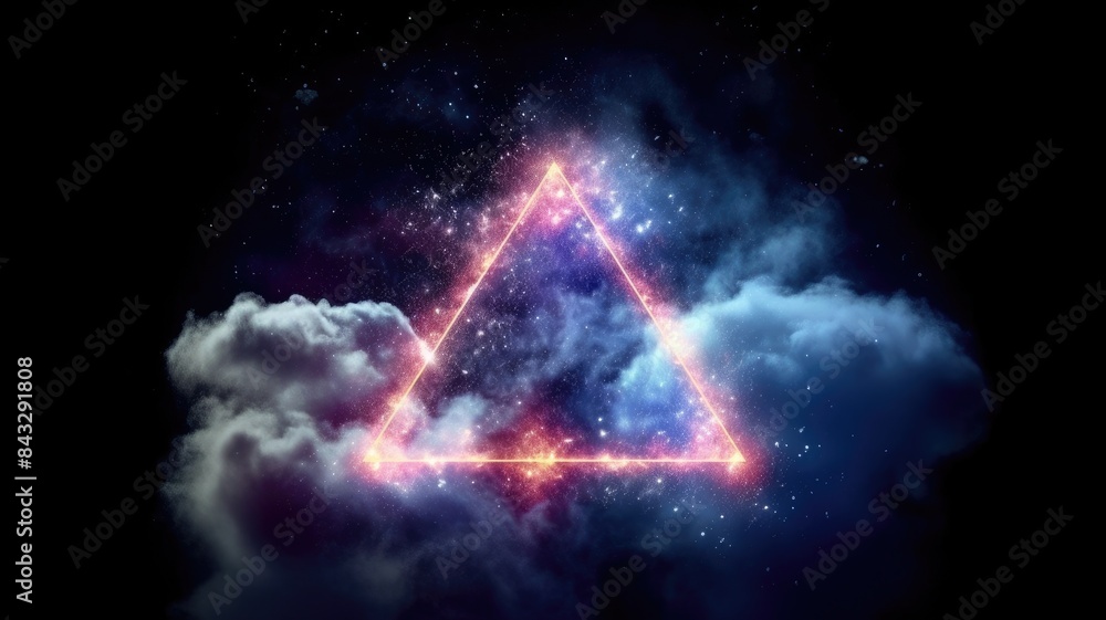 Poster a triangle portal with clouds and cosmic backdrop. surreal digital art concept for mystery, fantasy,