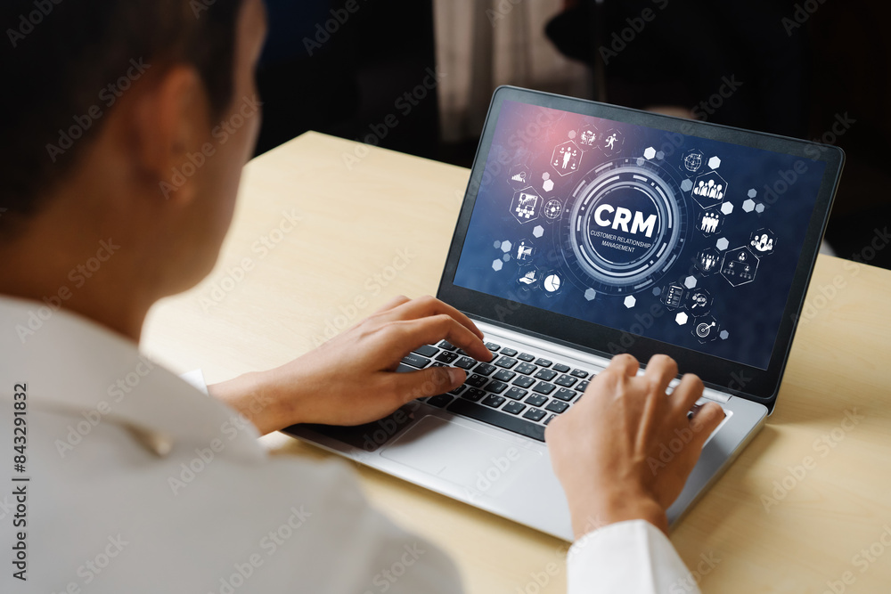Aufkleber customer relationship management system on modish computer for crm business and enterprise