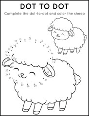 Cute Sheep Dot-to-Dot Coloring In Worksheet For Kids