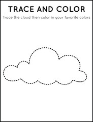 Trace and Color Cute Cloud in Worksheet For Kids