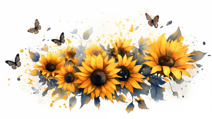 Double Exposure, White Background, Watercolour sunflowers illustration ~ Created using Generative AI