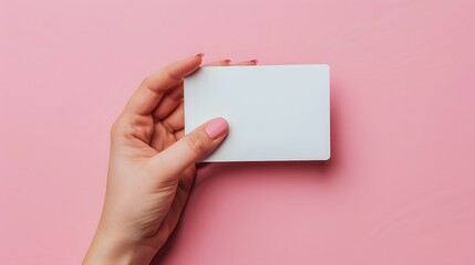 Hand holding an empty white card on a pink background, representing the concept of AI-generated humorous ID cards for business or personal use.