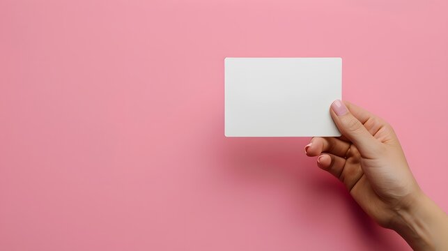 Hand holding an empty white card on a pink background, representing the concept of AI-generated humorous ID cards for business or personal use.