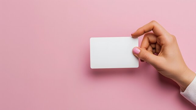 Hand holding an empty white card on a pink background, representing the concept of AI-generated humorous ID cards for business or personal use.