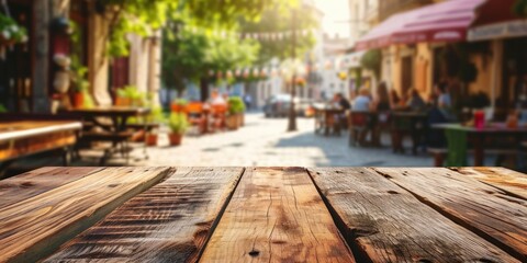 The close up picture of the empty table that has been made from the wood material and placed in alley with people in background, the alley is a narrow pedestrian way or lane between buildings. AIGX02.