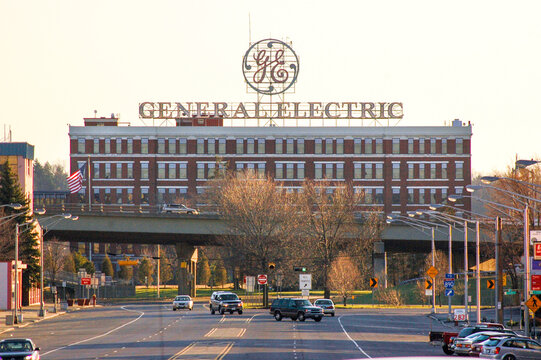 Schenectady, NY - USA: General Electric original headquarters and laboratory in sunny downtown with large GE sign atop building