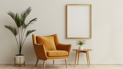 A modern orange armchair with an empty poster frame on the wall. A small table and a green plant in a white pot on a light background. Minimalist home interior design of a living room mockup.