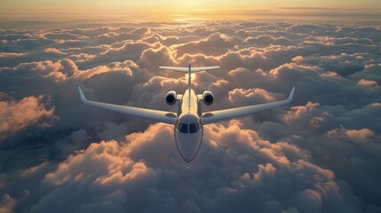 Jet aircraft gliding over thick cloud cover, bright sunny sky, sharp shadows on fuselage, peaceful flight