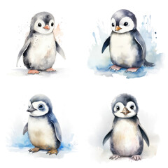 Naklejka premium Set of Adorable Baby Penguin Watercolor Painting - Whimsical Animal Art on White Background