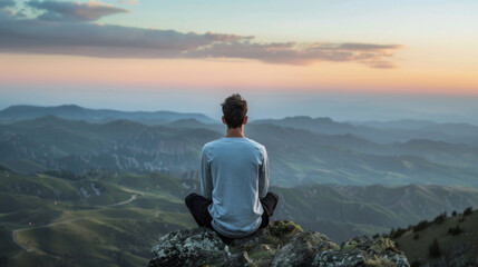 Fototapeta premium A man is sitting on a rock in the mountains, looking out at the beautiful sunset
