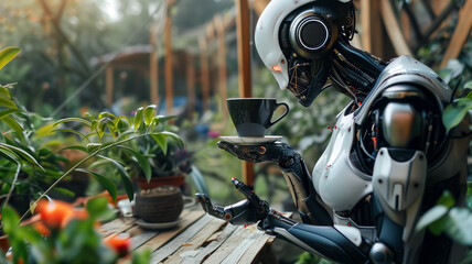 Fototapeta premium A female robot is relaxing in a cafe garden, holding a cup of coffee and admiring Earth's nature.