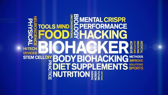 Biohacker animated word cloud;text design animation tag kinetic typography seamless loop.