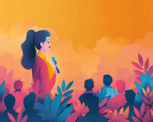 confident female CEO giving a motivational speech to a diverse audience, emphasizing leadership and success, empowering future leaders