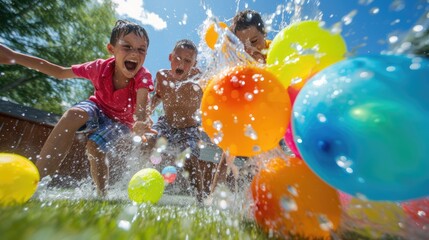 A joyful event unfolds as a group of children happily engage in a leisurely backyard activity, playing with water balloons. AIG41