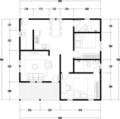 Architecture plan with furniture. home floor plan, isolated on white background, stock illustration.