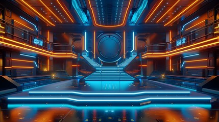 Fototapeta premium TV game show, with stage lighting and blue neon lights in orange and yellow tones. The background is a modern dance floor with stairs leading to an empty podium on one side. 
