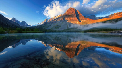 Obraz premium Winter lake in a mountain park with snow-capped peaks and reflections on the water.