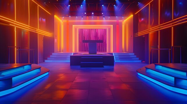 TV game show, with stage lighting and blue neon lights in orange and yellow tones. The background is a modern dance floor with stairs leading to an empty podium on one side. 