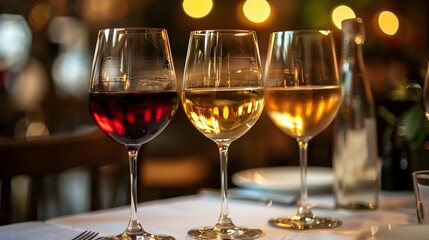 Three wine glasses with white, red and rose in an elegant restaurant setting.