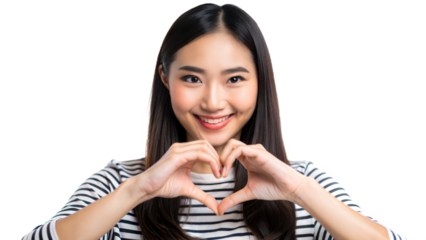 woman making a heart sign with her hands against a white background, full heart - shaped face, a young asian woman, small heart - shaped face, prompt young woman, one person in frame, a cute young 